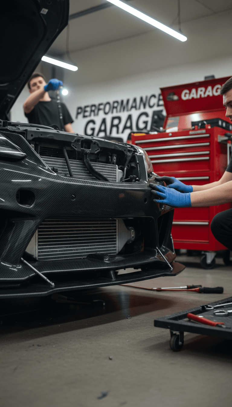 Custom body kit panel being aligned on a car in the shop