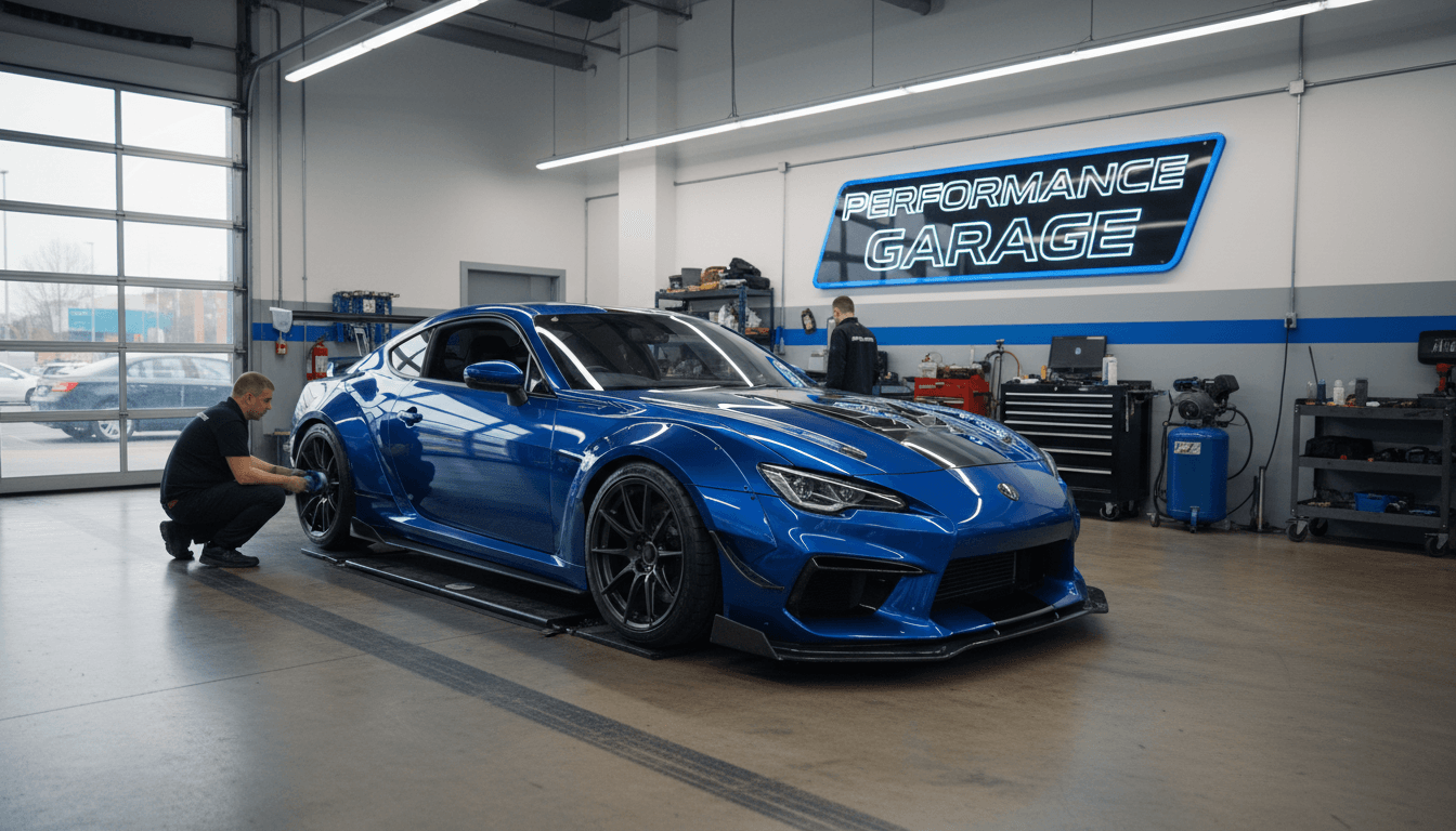 Custom body kit car with fresh paint in an auto shop