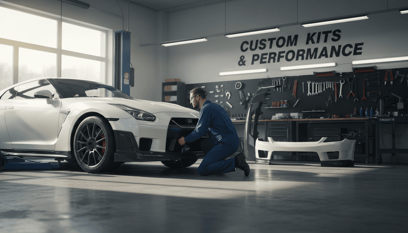 Mechanic installing a custom body kit on a car in a workshop