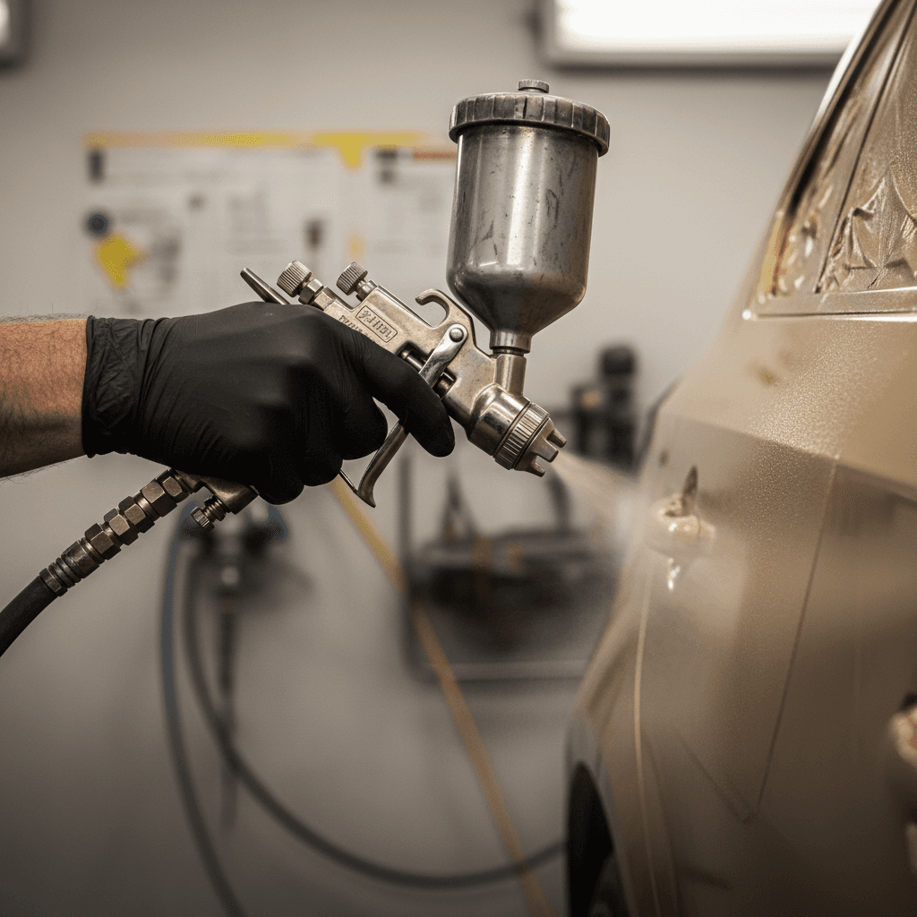 Paint gun applying a clear coat to a car panel for a smooth finish