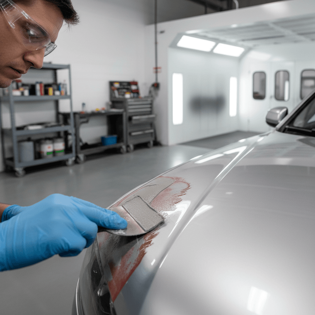 Custom car body kit being painted in a professional auto body shop