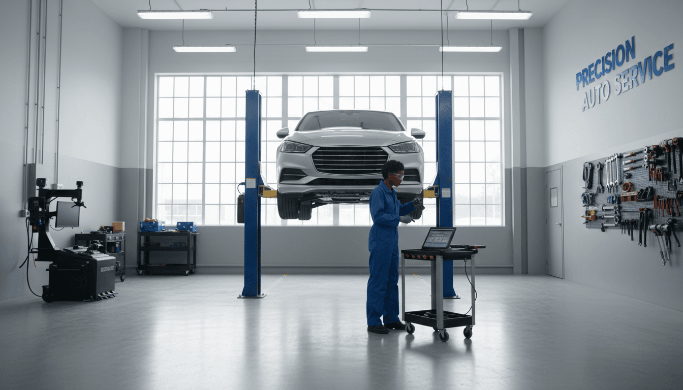 Mechanic inspecting a custom body kit on a car in the shop