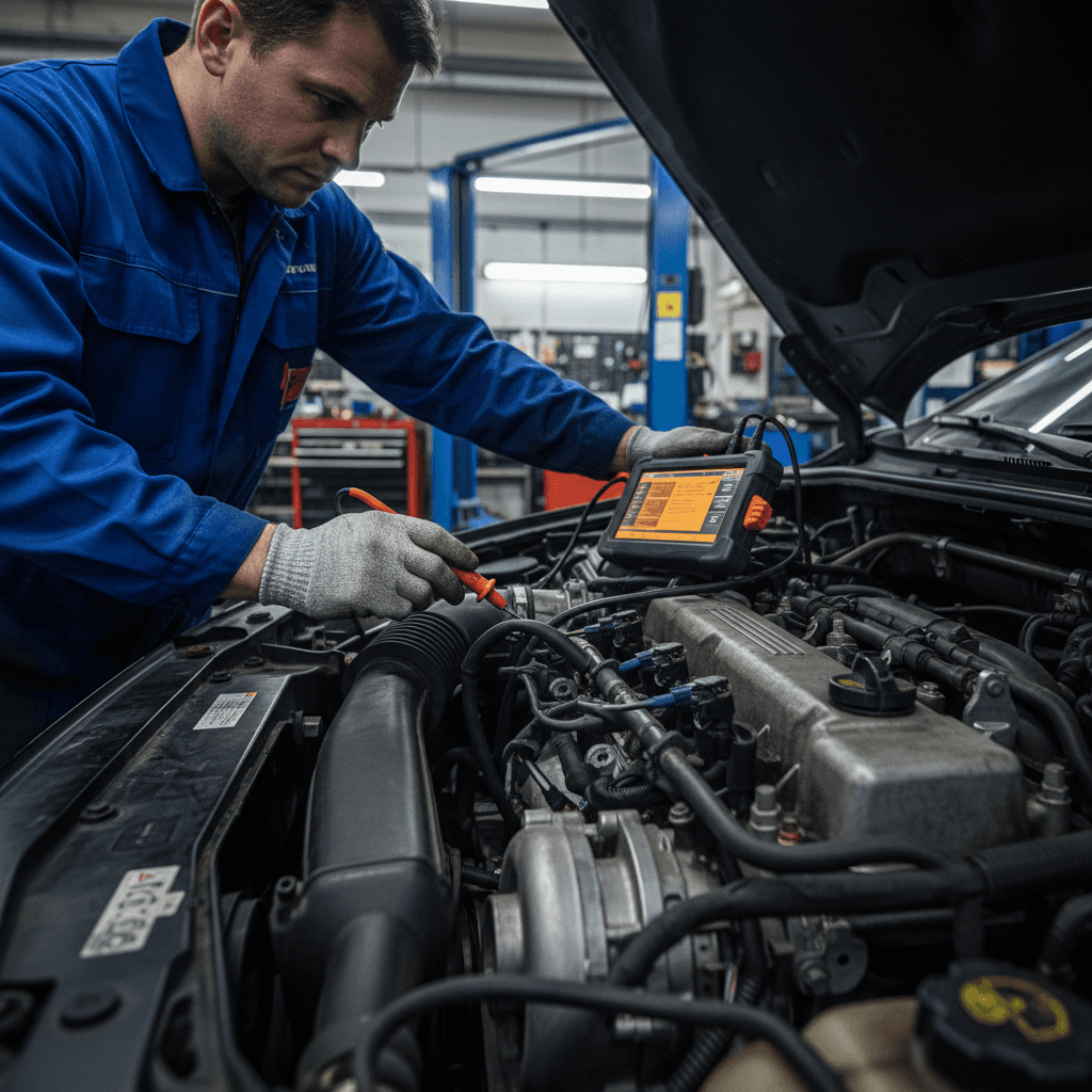 Mechanic reviewing notes next to a car in a clean, well-lit repair shop
