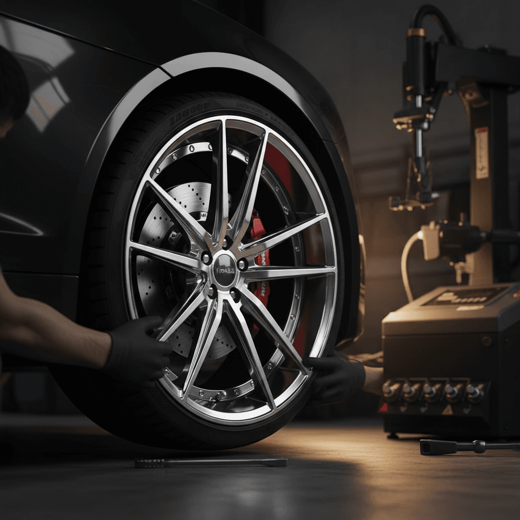 Stylish alloy wheels and low profile tires on a modified car, side view