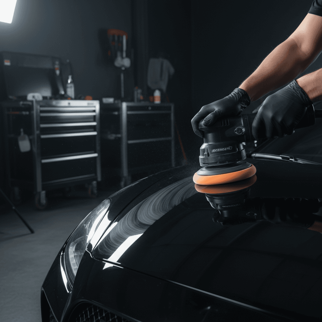 Mechanic polishing a freshly painted car door panel in the shop