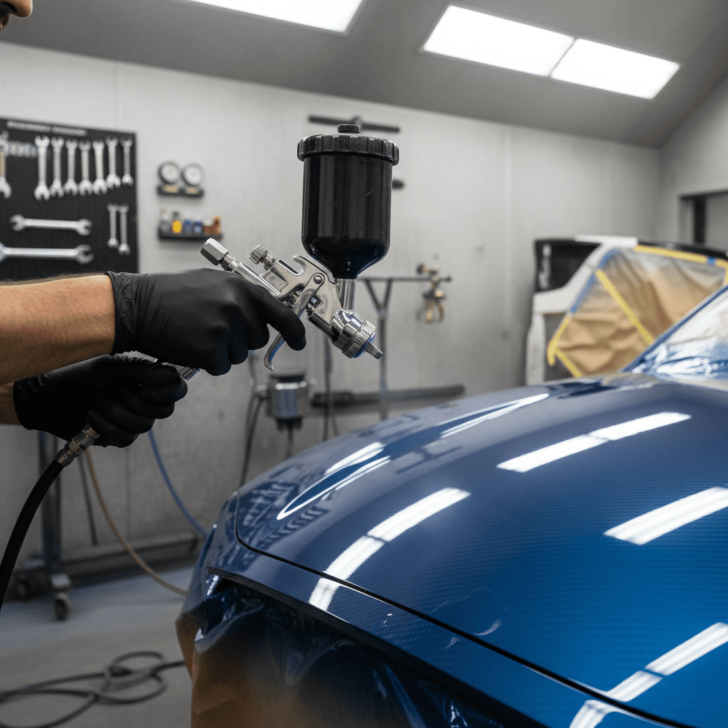 Custom body kit being fitted on a car in an auto repair shop