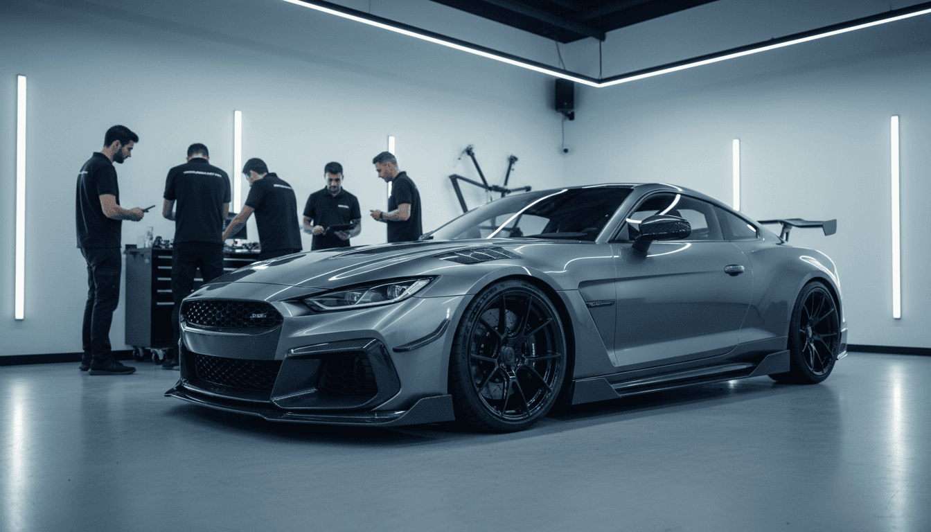 Aggressive front bumper with splitter fitted to a modified sports car