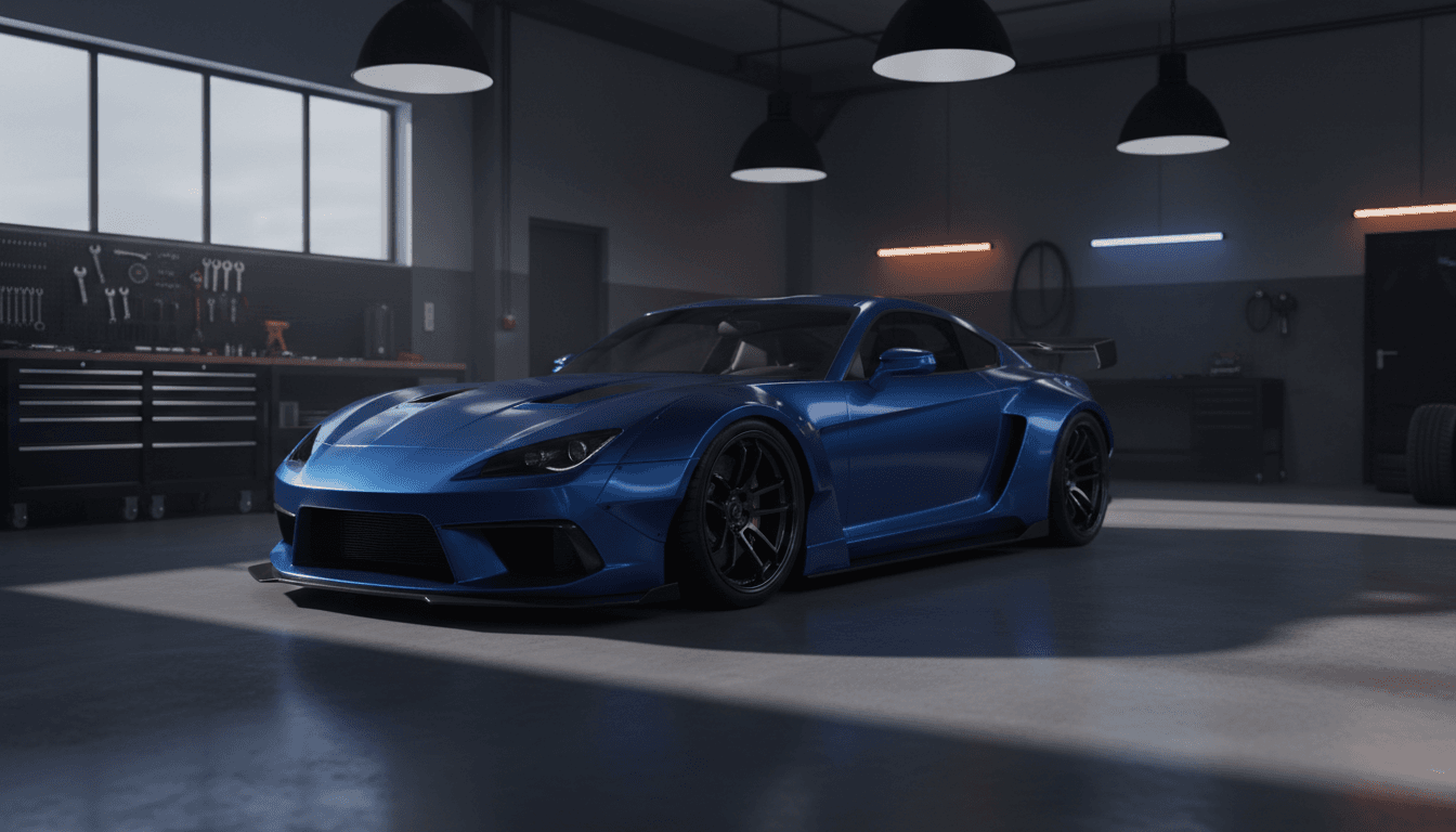 Custom body kit being fitted to a car in a workshop