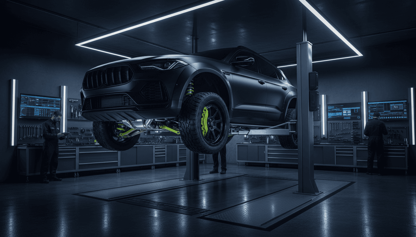 Modified car raised on a lift showing new suspension and wheels